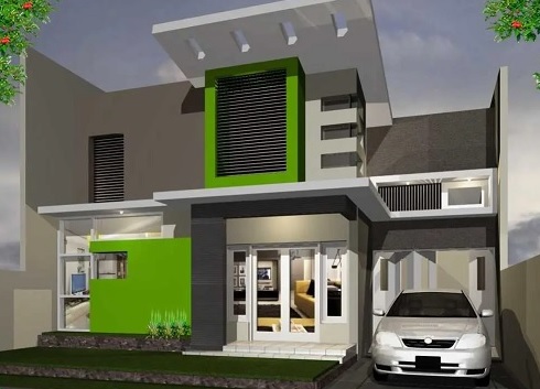 kombinasi warna cat depan rumah abu abu dan hijau