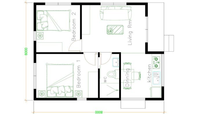 Denah rumah minimalis 2 kamar 6x8